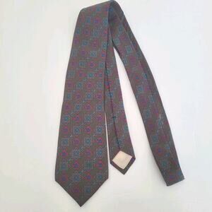 Celine Men's Neck Tie Made In Spain‎ Designer Silk Gray Red Geometric Logo